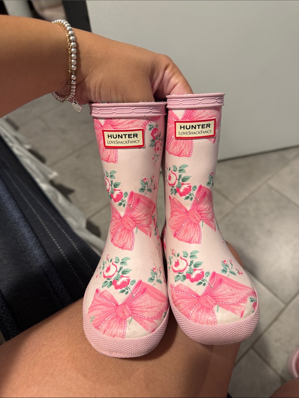LoveShackFancy x Hunter Pink Floral Bow Rain Boots